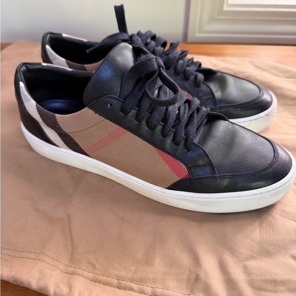Burberry Black Leather & Brown Check Low-Top Sneakers with Red Accent